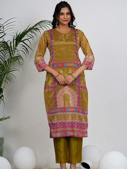 Mahendi Geomatric Print With Sequence Work Straight Chinon Set