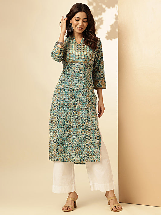 Floral Printed Straight Cotton Aqua Blue Stiched Kurta