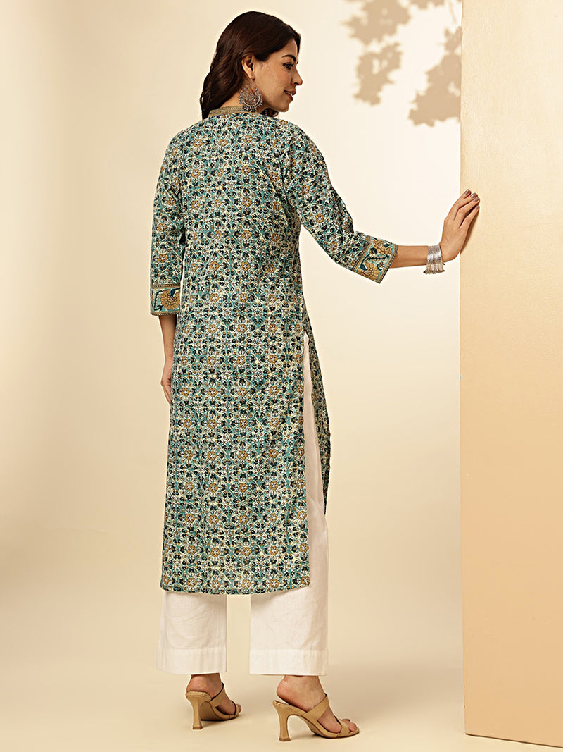 Floral Printed Straight Cotton Aqua Blue Stiched Kurta