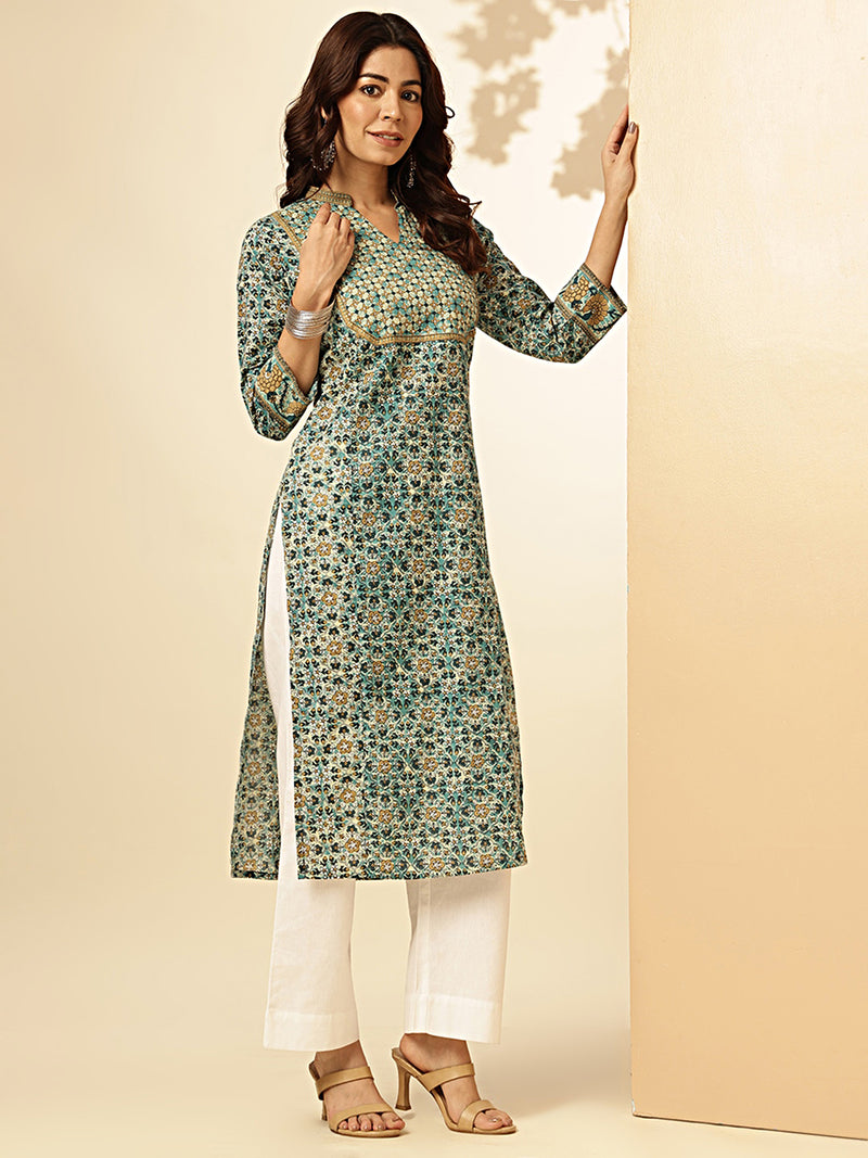 Floral Printed Straight Cotton Aqua Blue Stiched Kurta