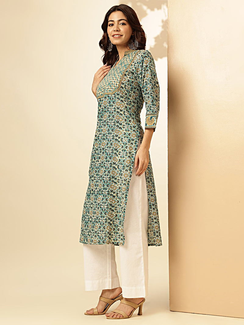 Floral Printed Straight Cotton Aqua Blue Stiched Kurta