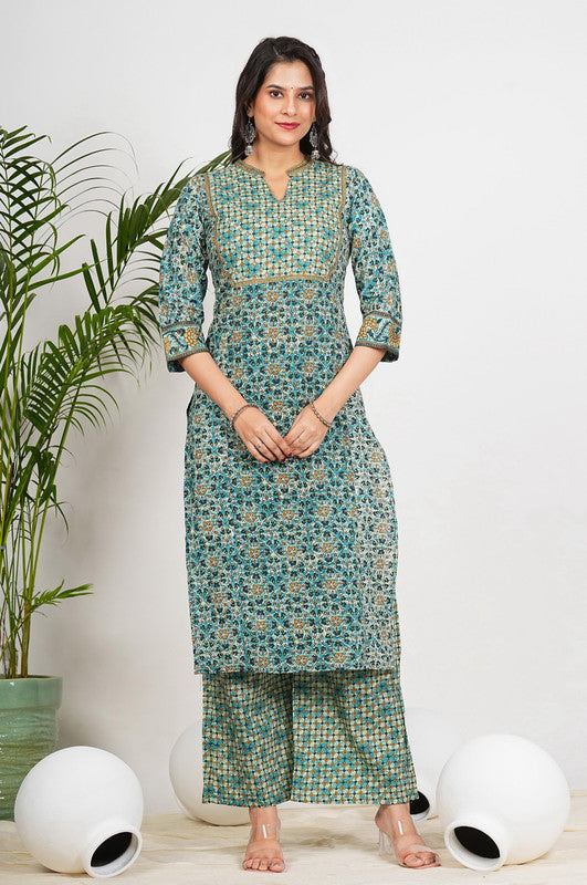 Aqua Blue Floral Printed Straight Cotton Stitched Kurta Set