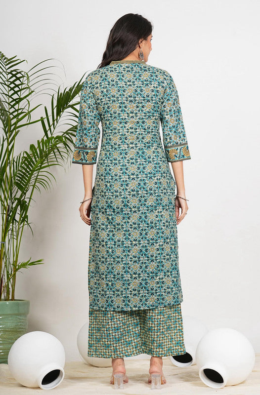 Aqua Blue Floral Printed Straight Cotton Stitched Kurta Set