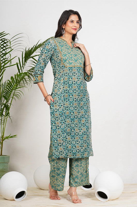 Aqua Blue Floral Printed Straight Cotton Stitched Kurta Set