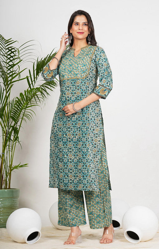 Aqua Blue Floral Printed Straight Cotton Stitched Kurta Set