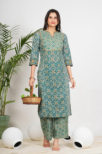 Aqua Blue Floral Printed Straight Cotton Stitched Kurta Set