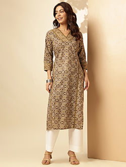 Beige Floral Printed Straight Cotton Stitched Kurta