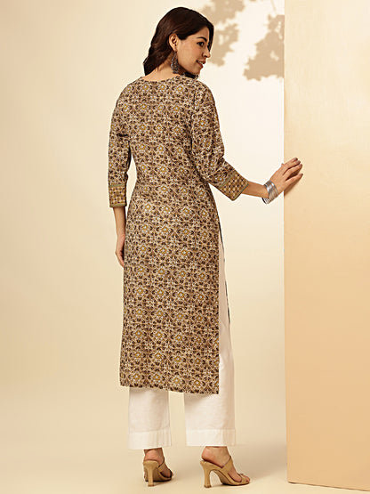 Beige Floral Printed Straight Cotton Stitched Kurta