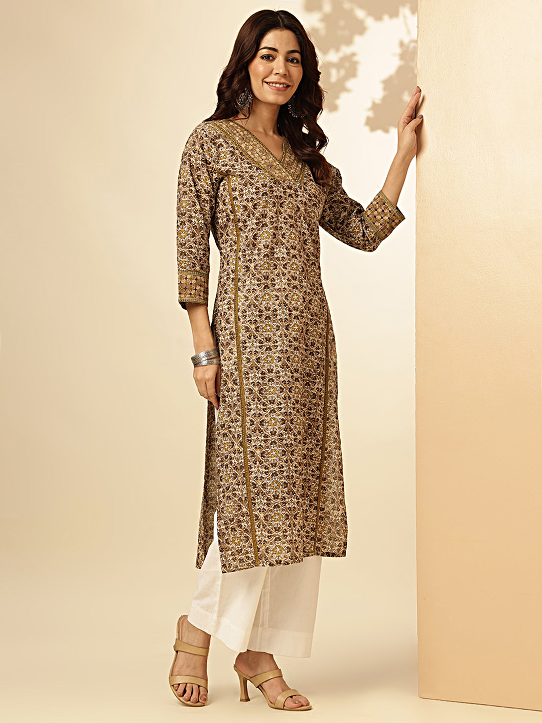 Beige Floral Printed Straight Cotton Stitched Kurta