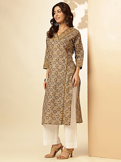 Beige Floral Printed Straight Cotton Stitched Kurta