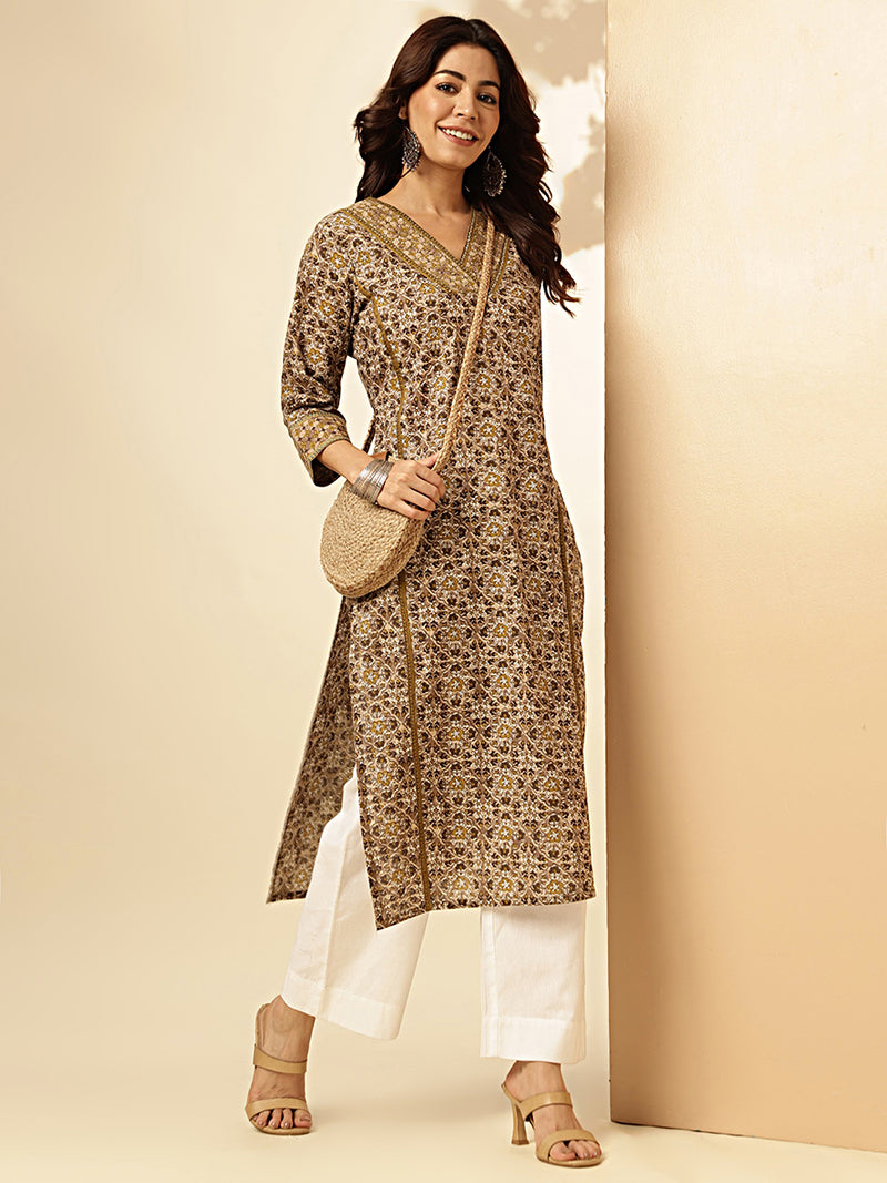 Beige Floral Printed Straight Cotton Stitched Kurta