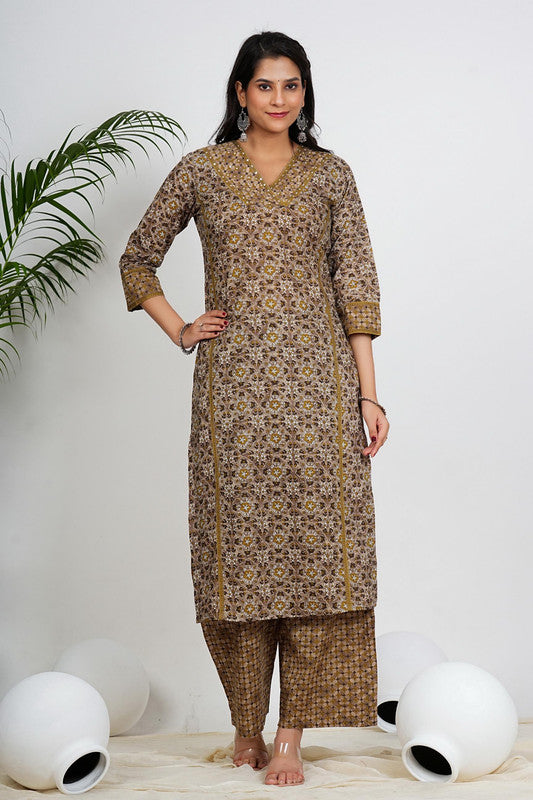 Beige Floral Printed Straight Cotton Stitched Kurta Set