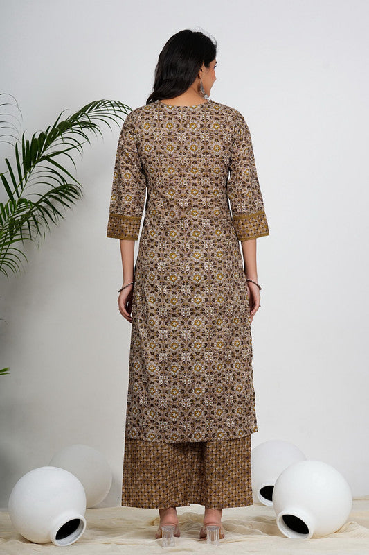 Beige Floral Printed Straight Cotton Stitched Kurta Set