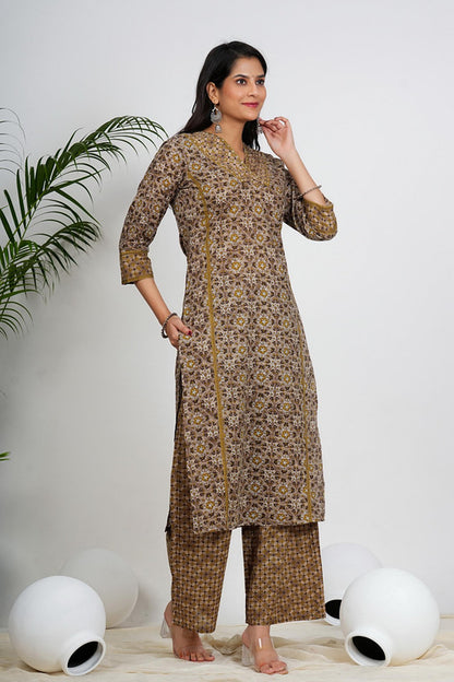 Beige Floral Printed Straight Cotton Stitched Kurta Set