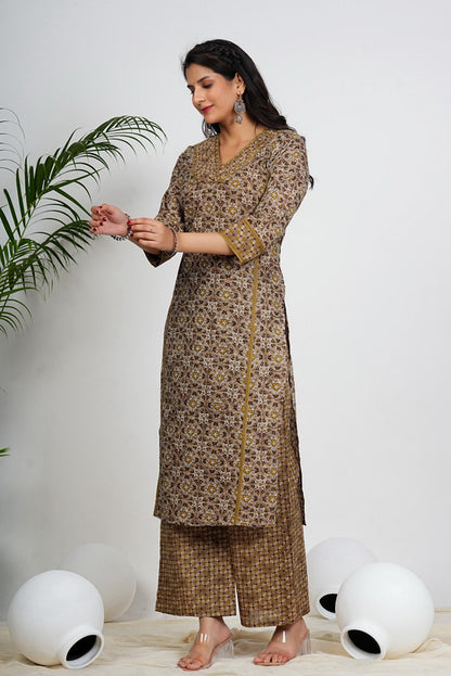 Beige Floral Printed Straight Cotton Stitched Kurta Set