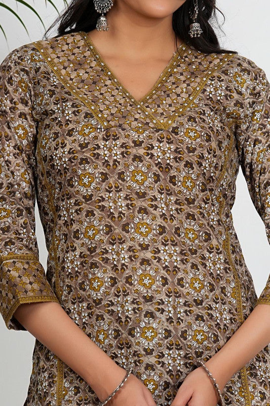 Beige Floral Printed Straight Cotton Stitched Kurta Set