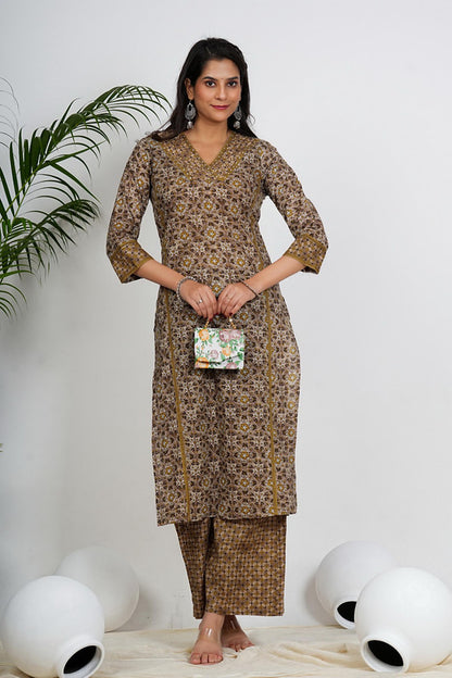 Beige Floral Printed Straight Cotton Stitched Kurta Set