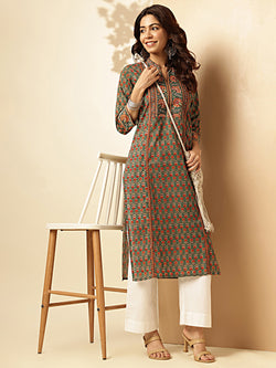 Green Floral Print Straight Cotton Stitched Kurta