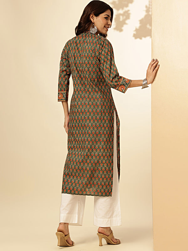 Green Floral Print Straight Cotton Stitched Kurta