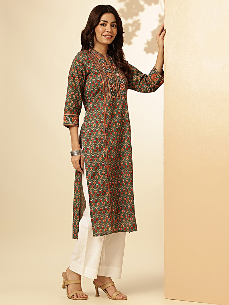 Green Floral Print Straight Cotton Stitched Kurta