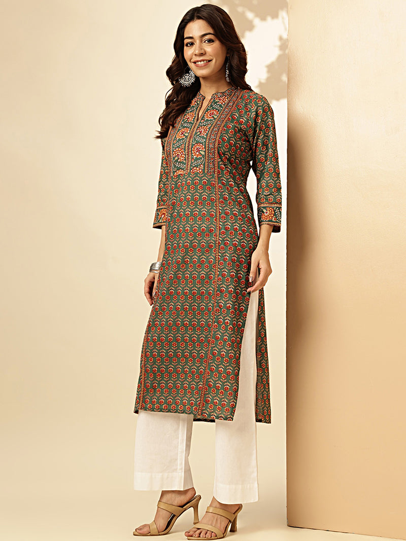 Green Floral Print Straight Cotton Stitched Kurta