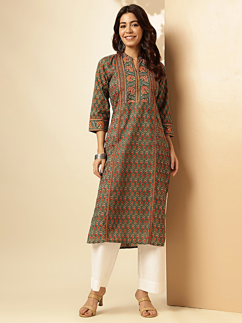 Green Floral Print Straight Cotton Stitched Kurta