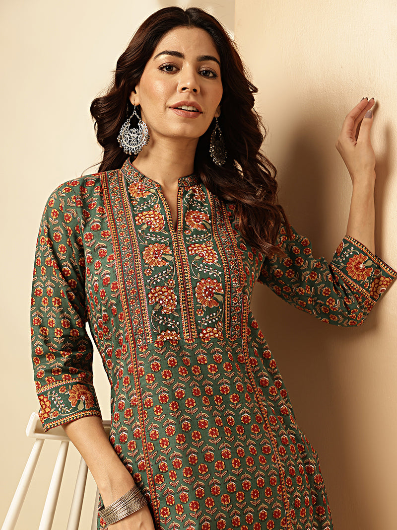 Green Floral Print Straight Cotton Stitched Kurta