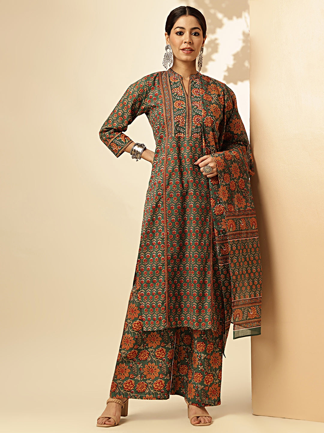 Floral Print Straight Cotton Green Stiched Kurta Palazzo With Dupatta 