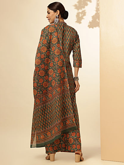 Floral Print Straight Cotton Green Stiched Kurta Palazzo With Dupatta 