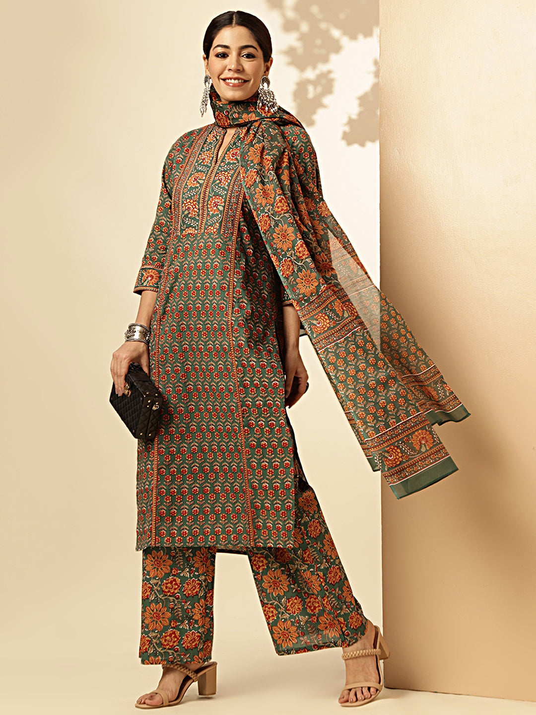 Floral Print Straight Cotton Green Stiched Kurta Palazzo With Dupatta 