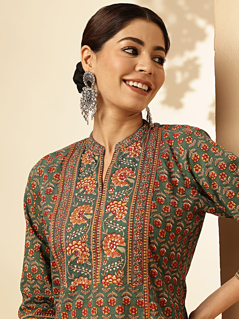 Floral Print Straight Cotton Green Stiched Kurta Palazzo With Dupatta 