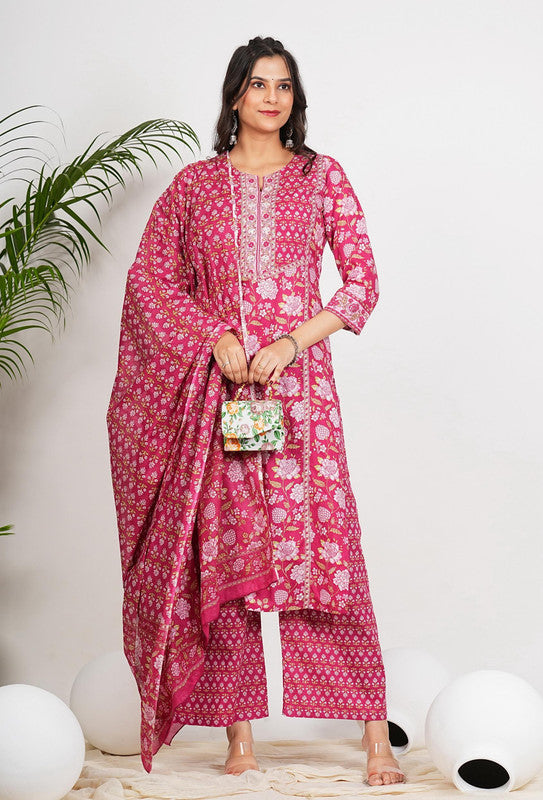 Dark Pink Floral Print Straight Cotton Stitched Kurta Set