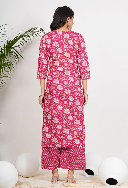 Dark Pink Floral Print Straight Cotton Stitched Kurta Set