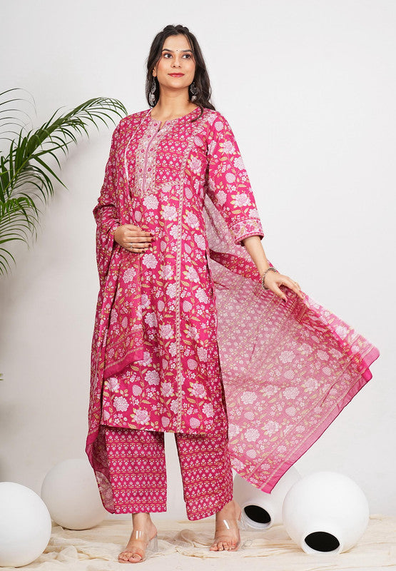 Dark Pink Floral Print Straight Cotton Stitched Kurta Set