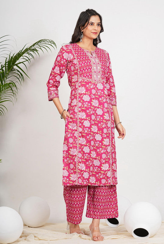 Dark Pink Floral Print Straight Cotton Stitched Kurta Set