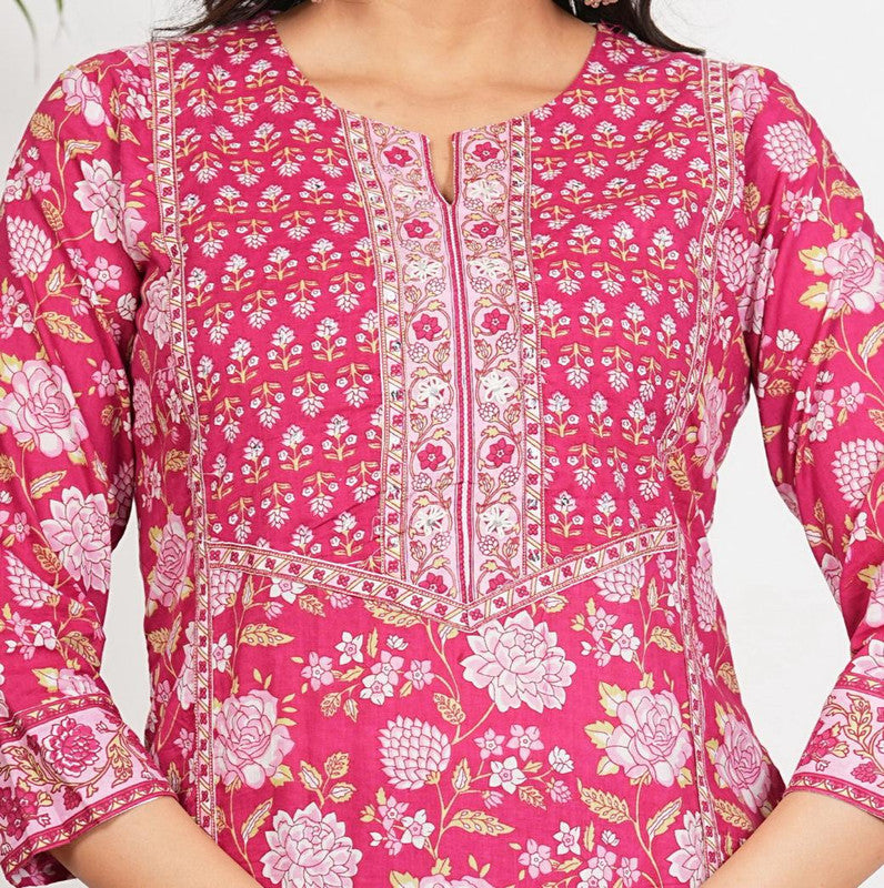 Dark Pink Floral Print Straight Cotton Stitched Kurta Set