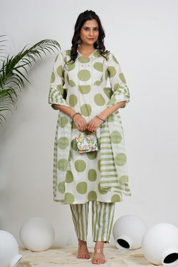 White And Pista Polka Print & Mirror Work Straight Cotton Kurta Set