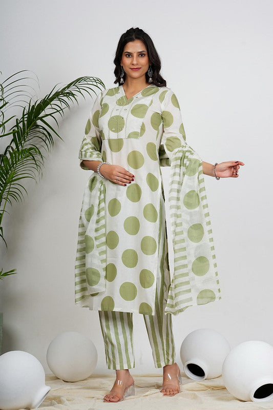 White And Pista Polka Print & Mirror Work Straight Cotton Kurta Set