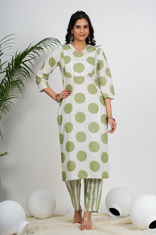 White And Pista Polka Print & Mirror Work Straight Cotton Kurta Set