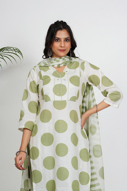 White And Pista Polka Print & Mirror Work Straight Cotton Kurta Set