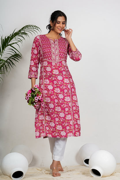 Dark Pink Floral Print straight Cotton Kurta