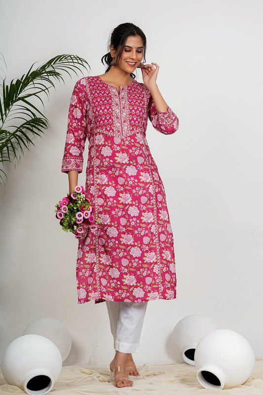 Dark Pink Floral Print straight Cotton Kurta