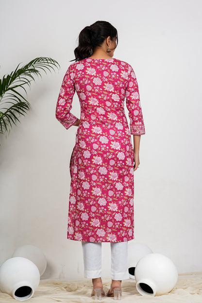 Dark Pink Floral Print straight Cotton Kurta