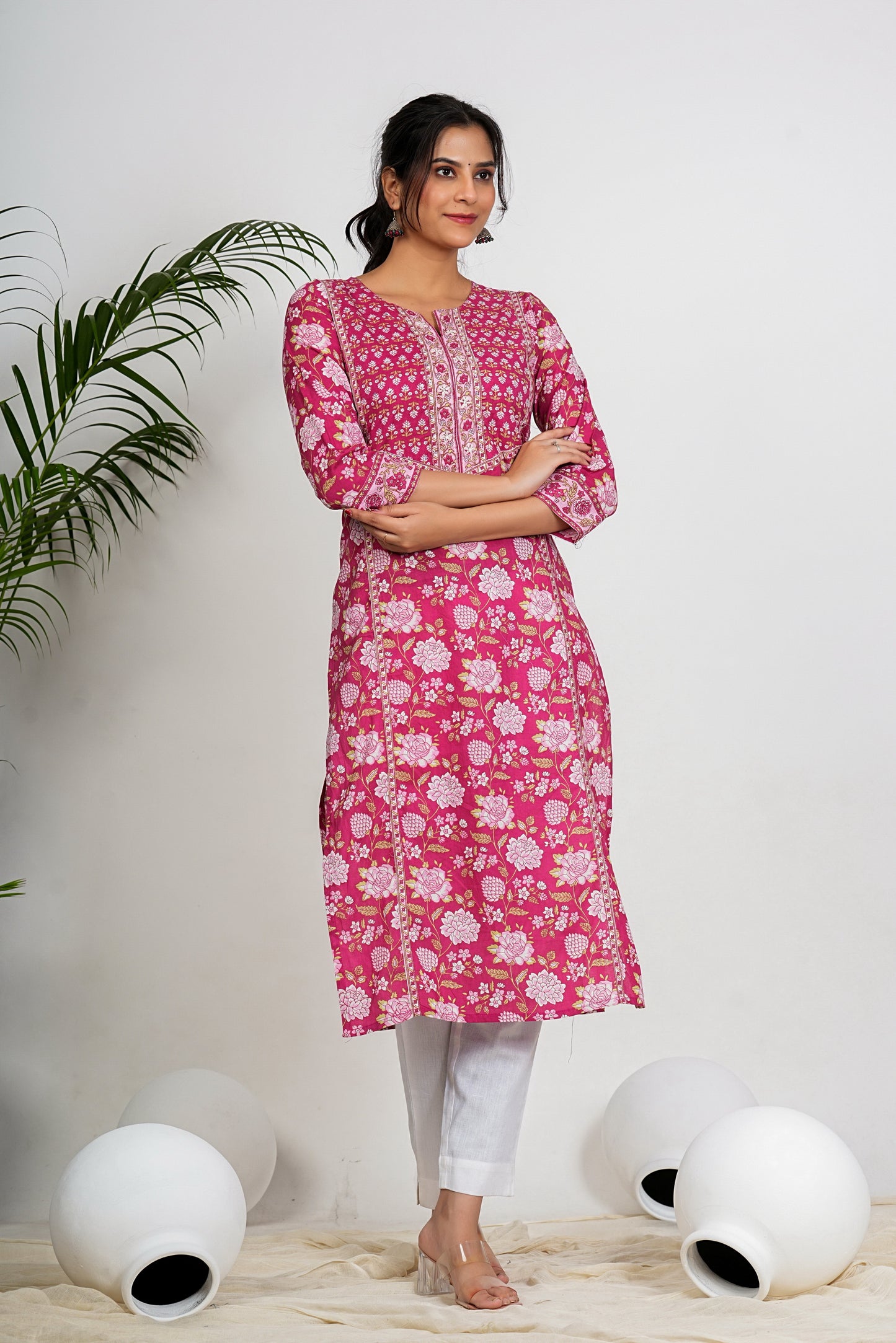 Dark Pink Floral Print straight Cotton Kurta