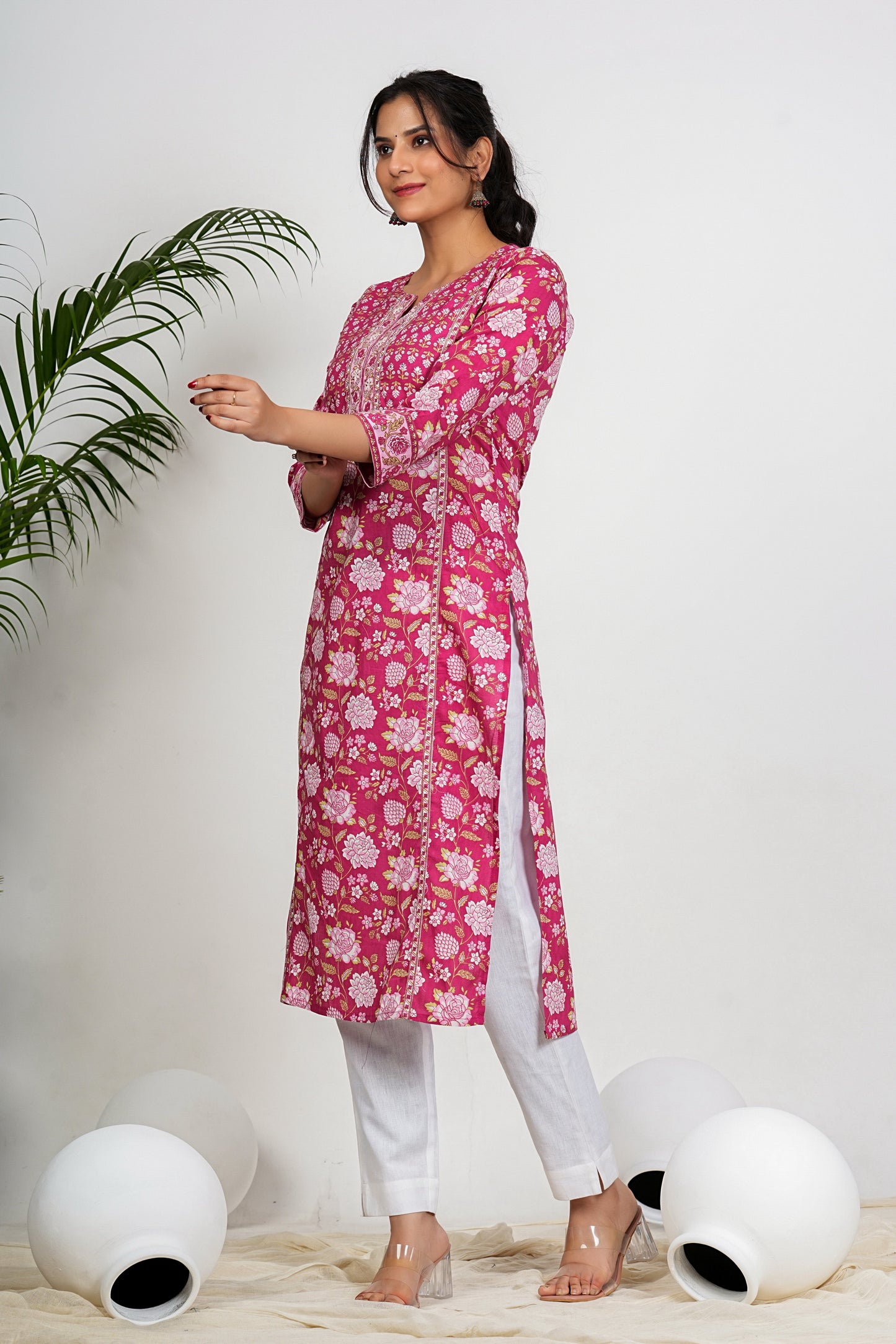 Dark Pink Floral Print straight Cotton Kurta