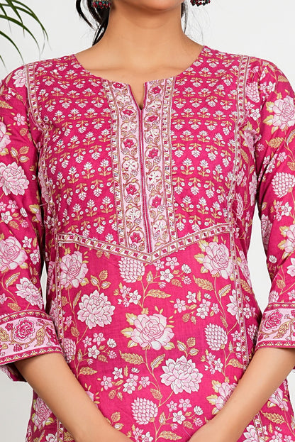 Dark Pink Floral Print straight Cotton Kurta