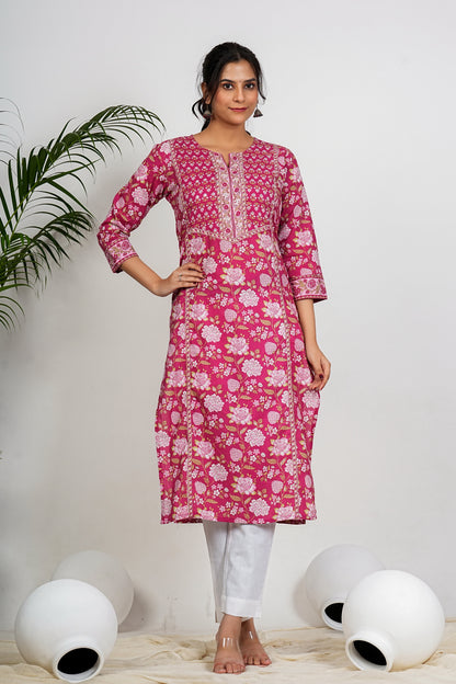 Dark Pink Floral Print straight Cotton Kurta