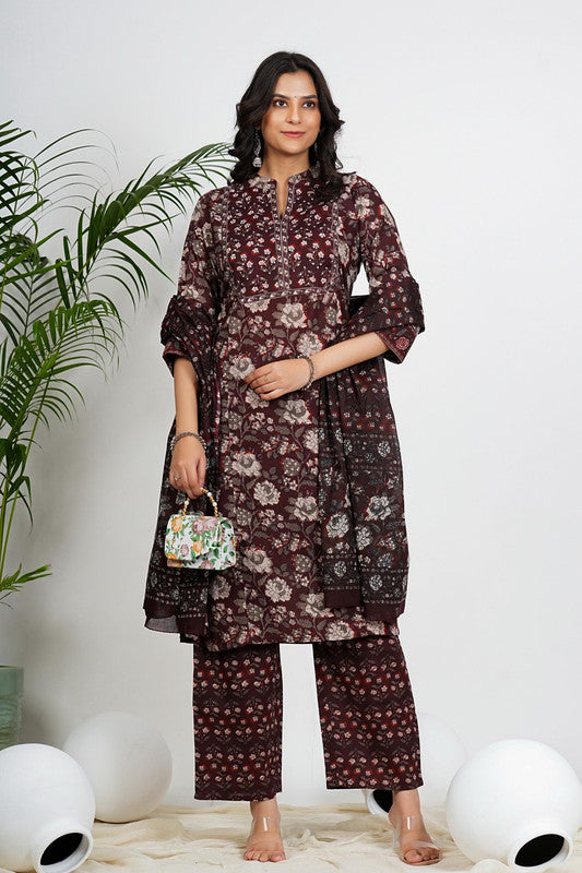 Maroon Floral Print Straight Cotton Kurta Set