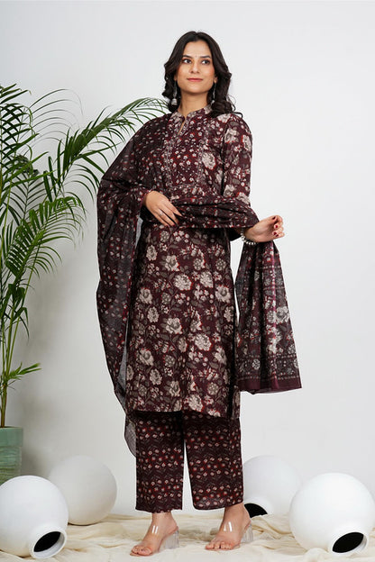 Maroon Floral Print Straight Cotton Kurta Set