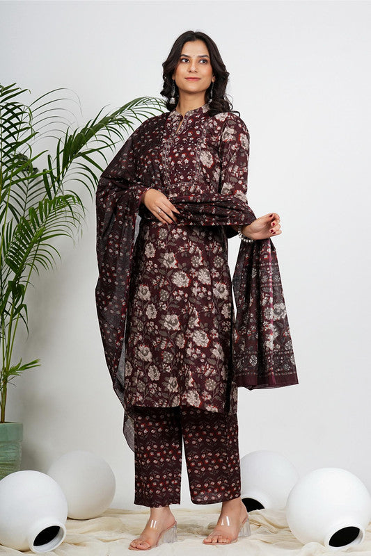 Maroon Floral Print Straight Cotton Kurta Set